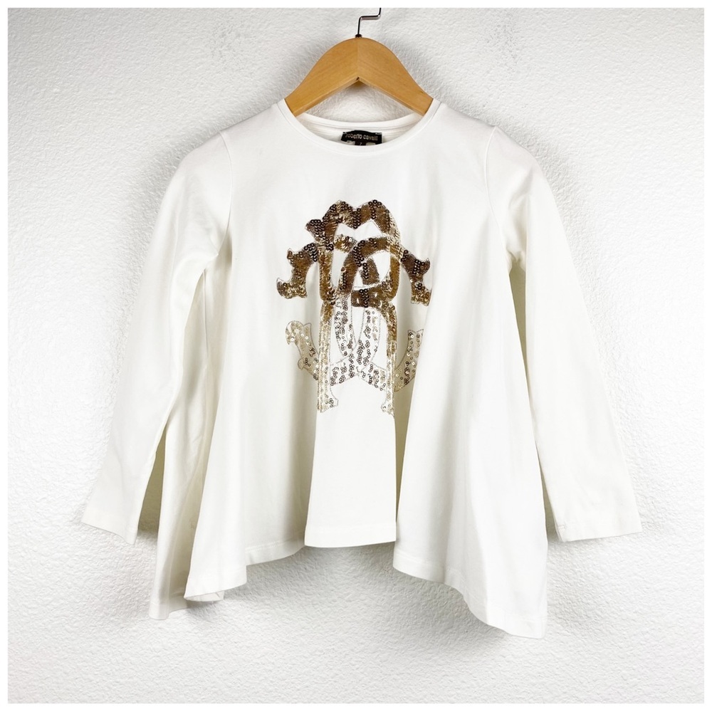 Roberto‎ Cavalli Girl's White Gold Sequin Long Sleeve Top Size 7 Designer